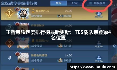 王者荣耀速度排行榜最新更新：TES战队荣登第4名位置